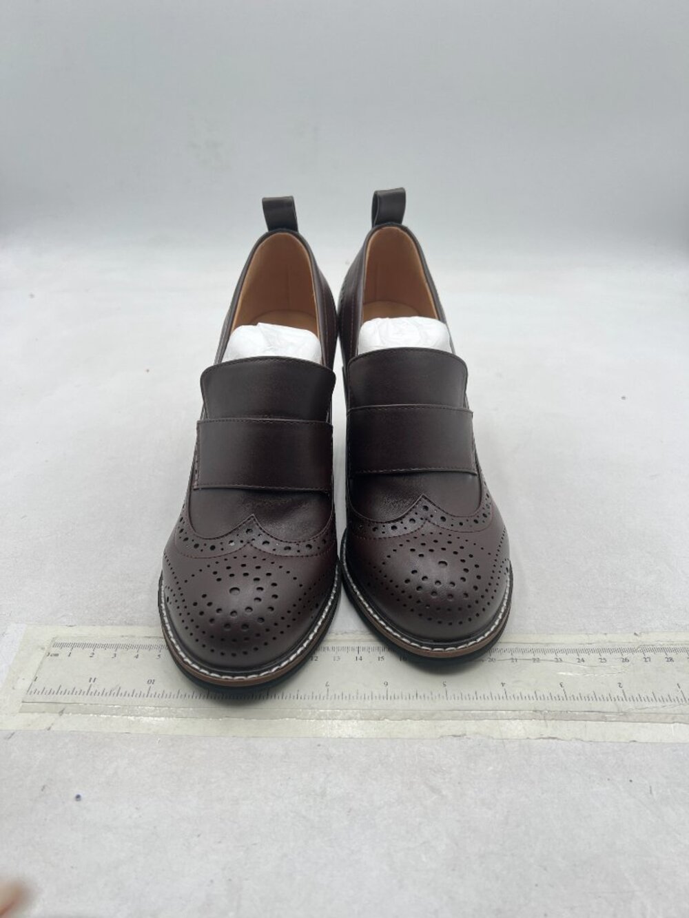 YDN Saddle Brown Chunky High Heels Round Toe Oxford Loafer Shoes Slip On Loafers - Picture 3 of 8